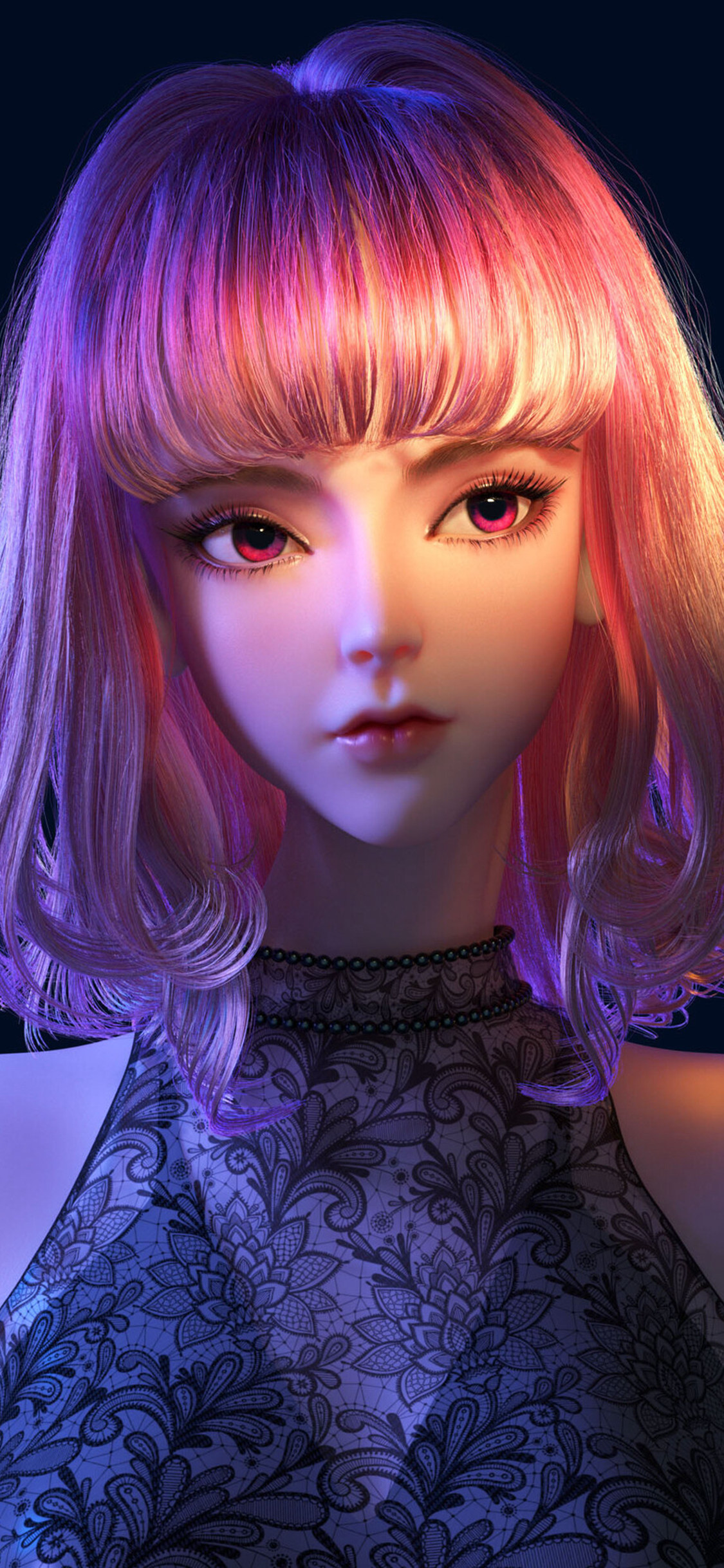 3D动漫粉色短发的清纯女孩手机背景图片