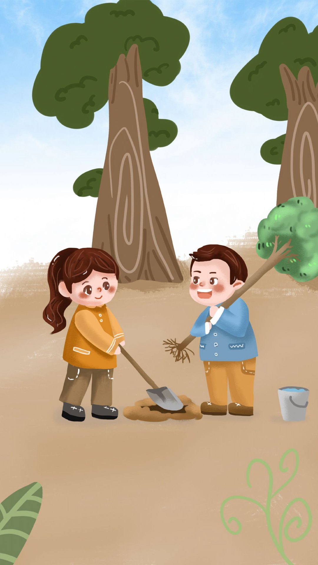 小男孩，小女孩户外种树可爱卡通植树节手机壁纸图片