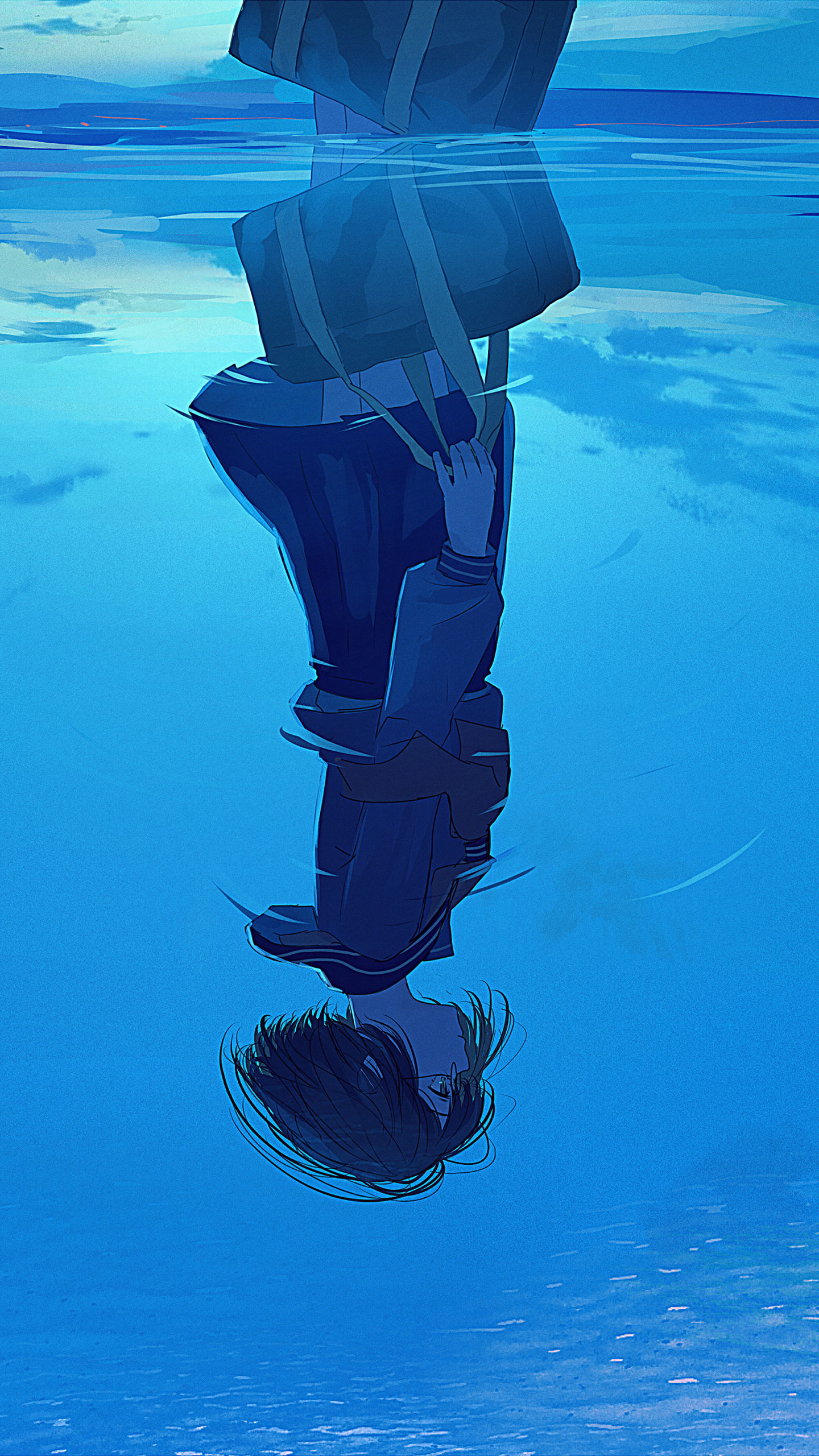 动漫短发女孩站在水中的倒影唯美动漫手机壁纸图片