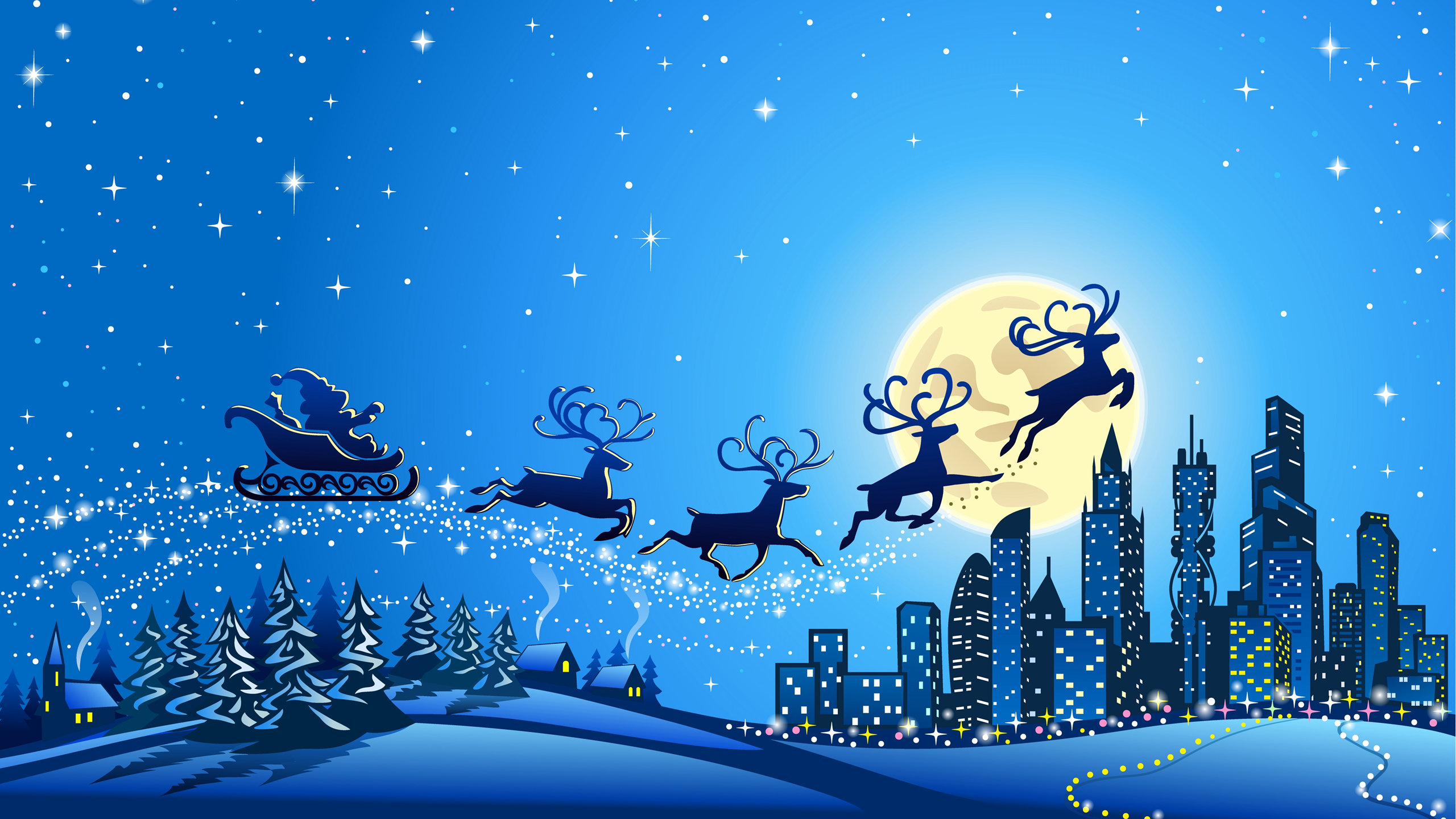 月下骑麋鹿<span style='color:red;'>雪橇</span>飞行派送礼物的圣诞老人插画电脑壁纸