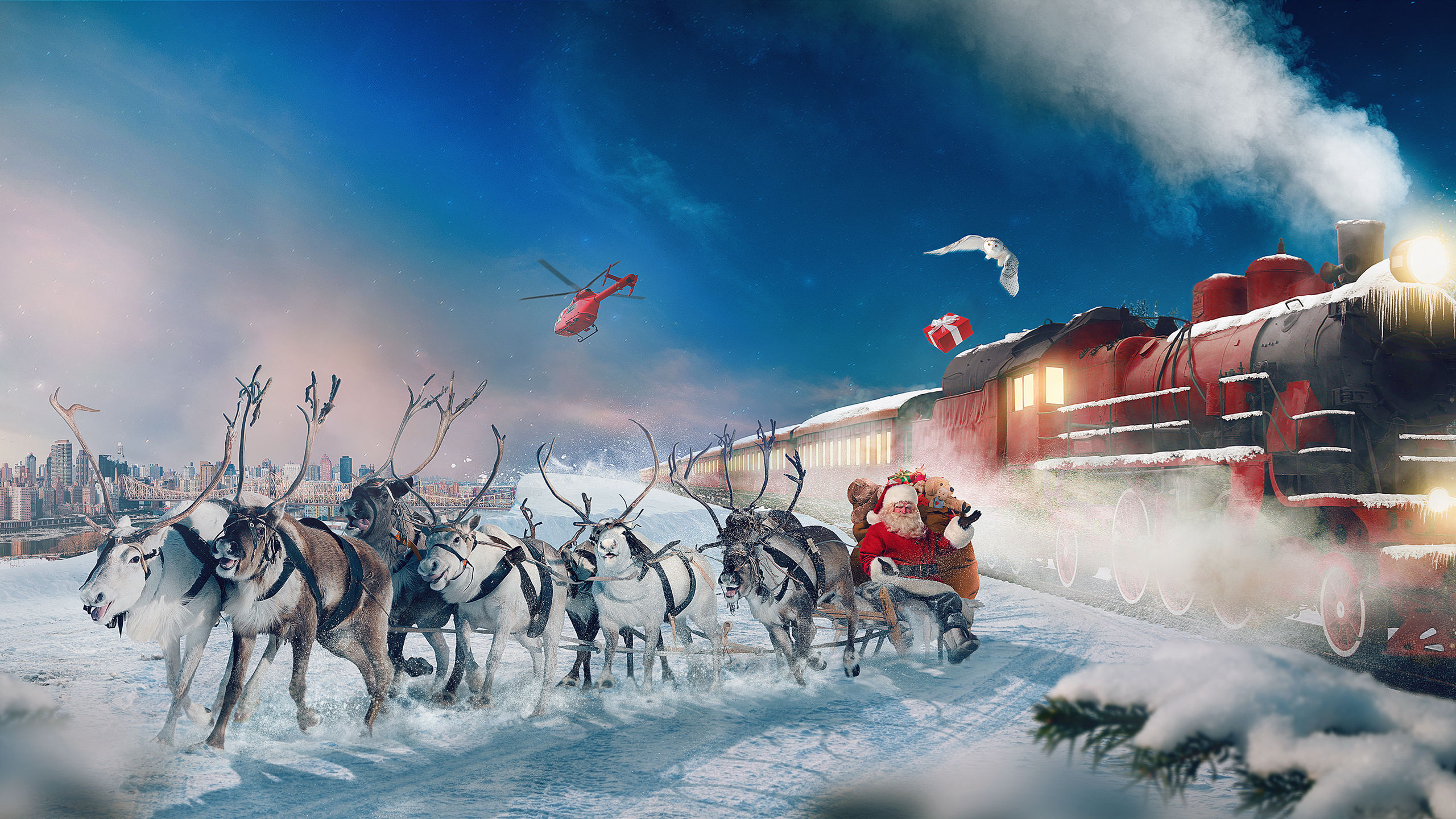 圣诞老人的麋鹿，高清骑着麋鹿雪橇派送礼物的圣诞老人桌面壁纸