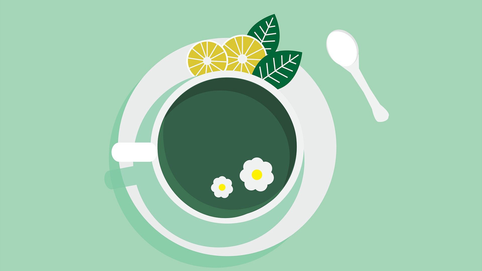 茶杯唯美插画壁纸图片 一杯清新的菊花茶，<span style='color:red;'>柠檬片</span>，薄荷叶