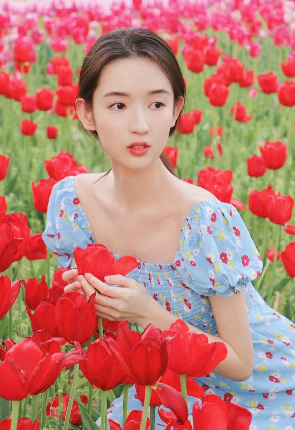 王玉雯清新小碎花裙户外郁金香花园唯美迷人写真图片