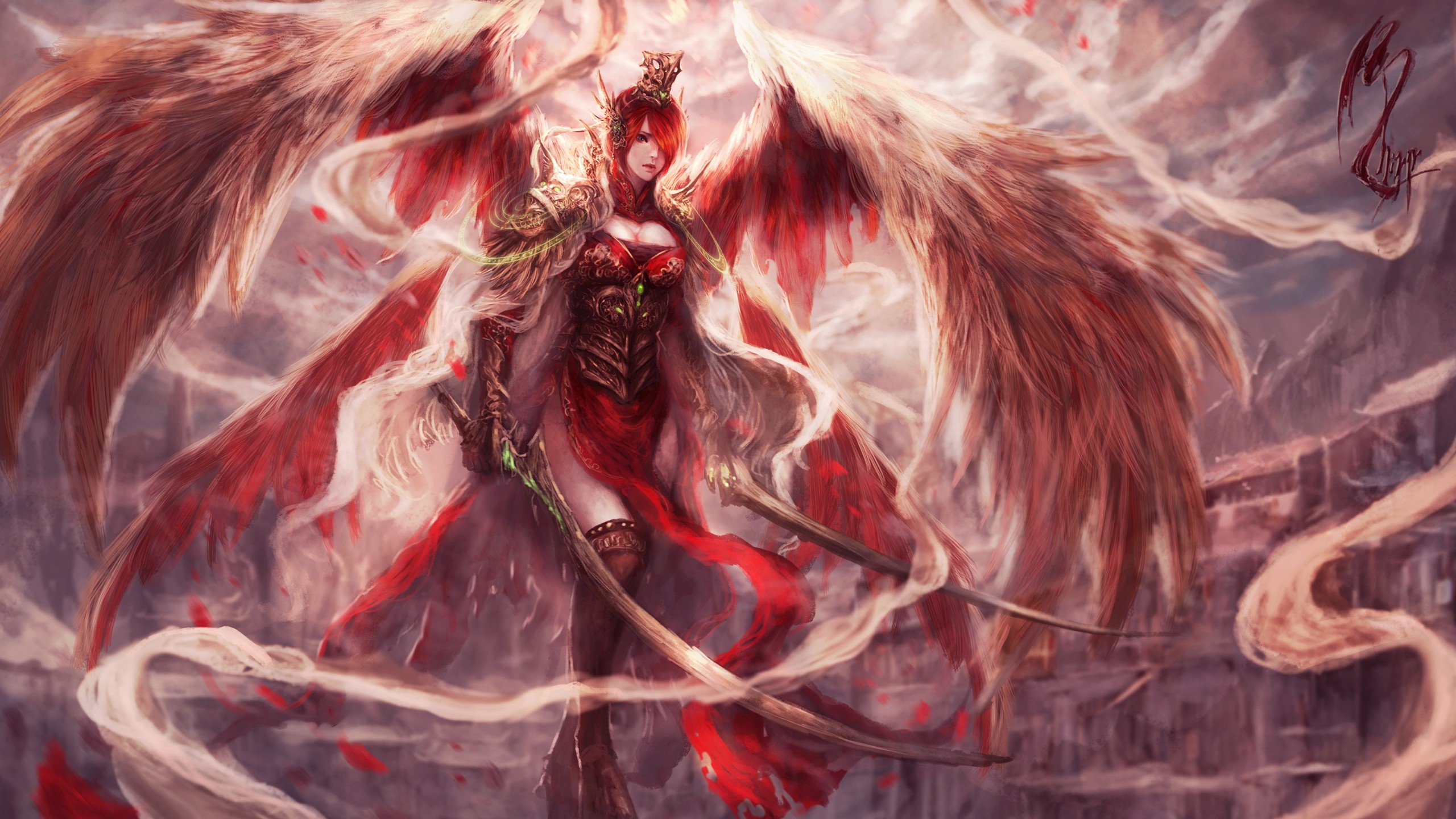一身红衣的天使战士插画壁纸精选