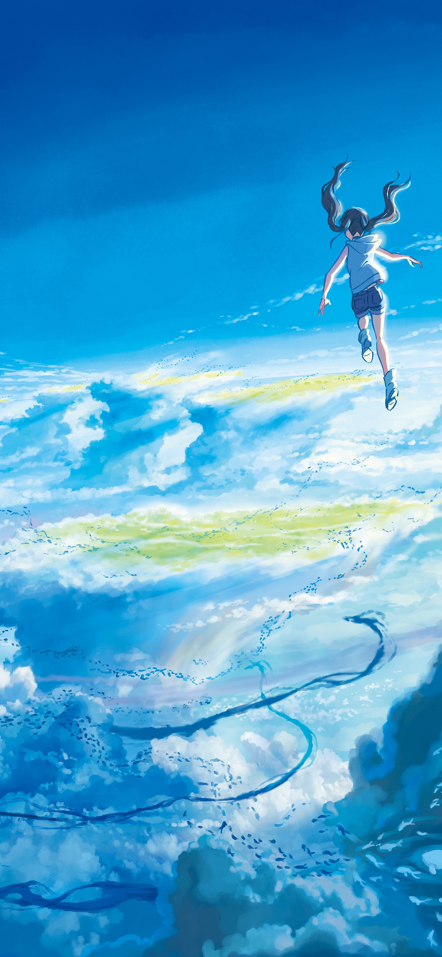 飞翔于云上的长发动漫美少女的唯美场景手机壁纸