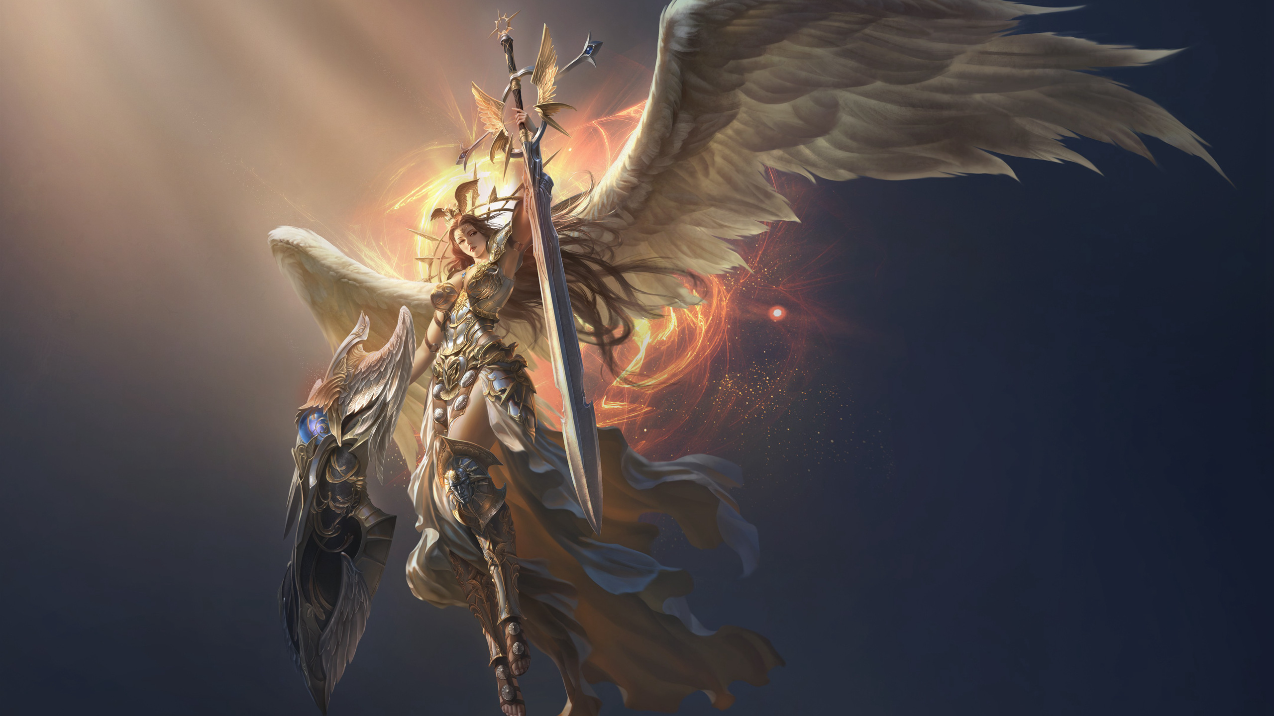 长翅膀的古欧洲帅气女战士，身披金甲帅极了
