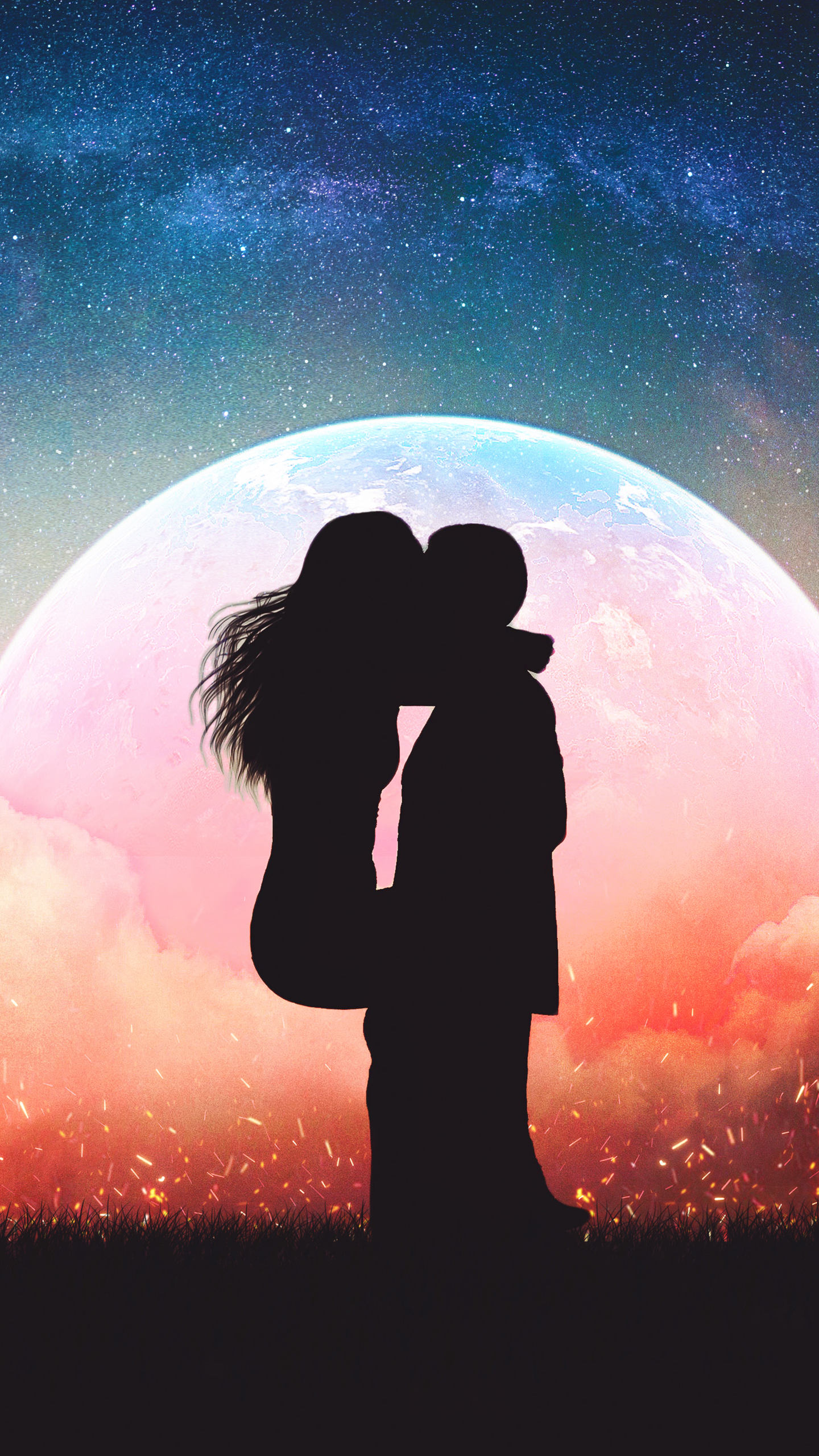 唯美的月亮，北极极光下接吻的情侣爱情手机壁纸