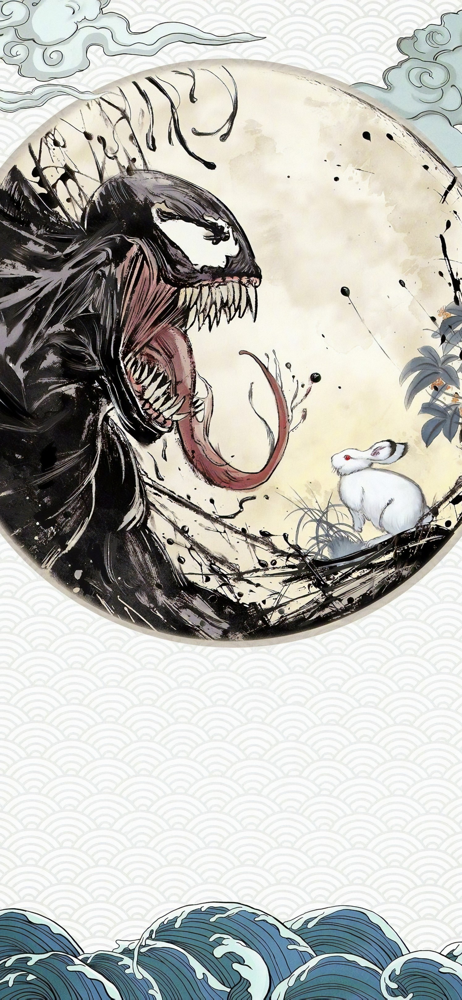 漫威英雄毒液创意中国风圆框下和兔子的创意插画手机壁纸