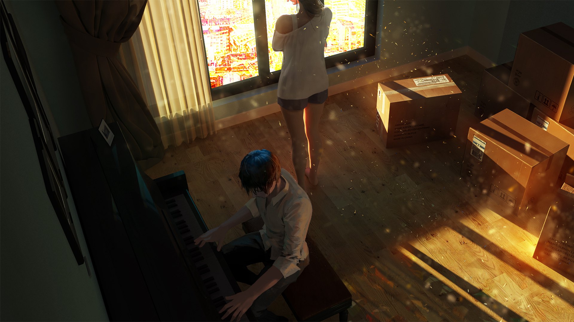 阳光照射，一个弹钢琴的男孩，和站在窗前的女孩<span style='color:red;'>背影</span>唯美动漫壁纸图片