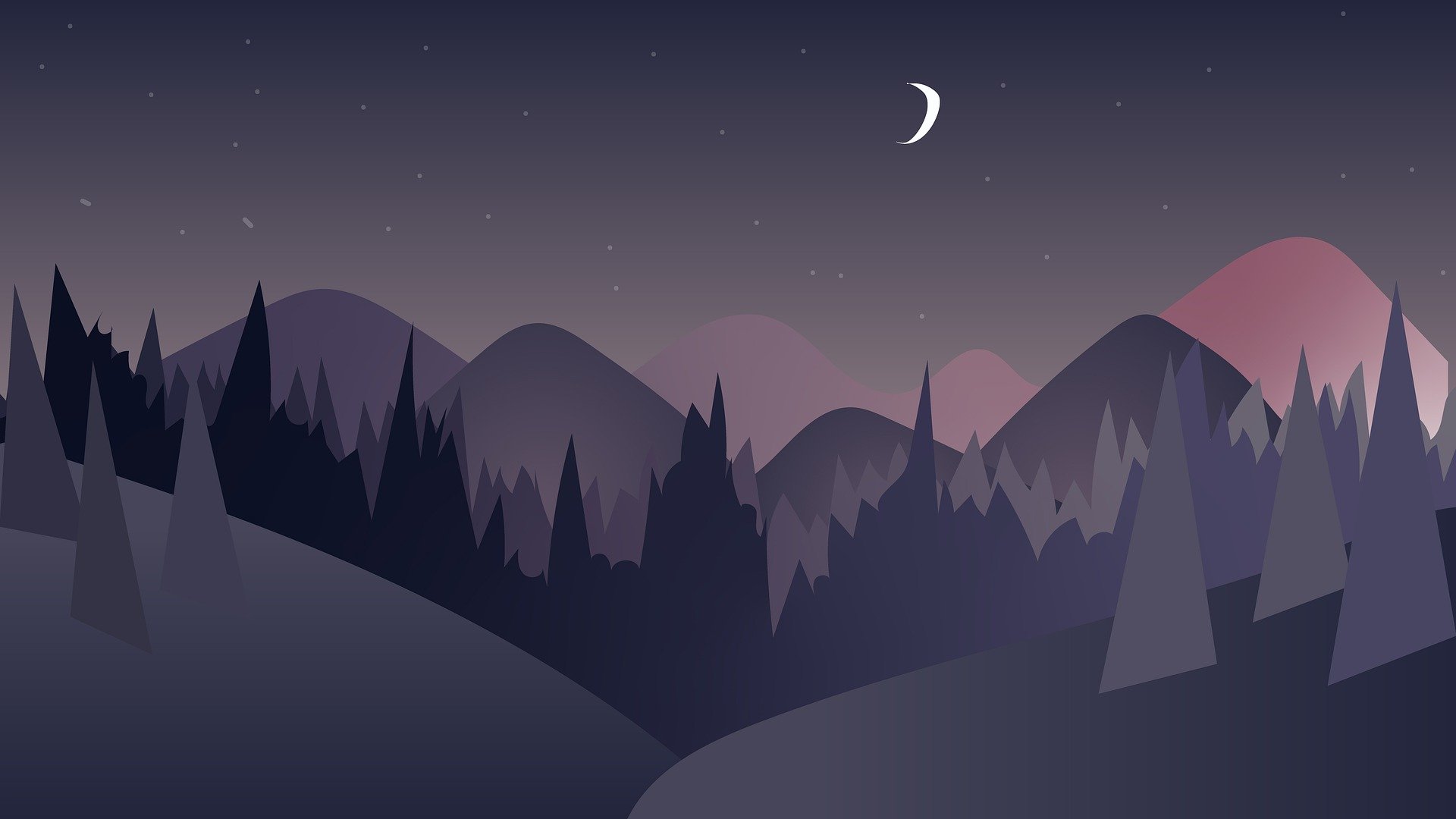 天空的一轮弯月，自然景观插画<span style='color:red;'>手绘</span>壁纸图片 夜晚的大山