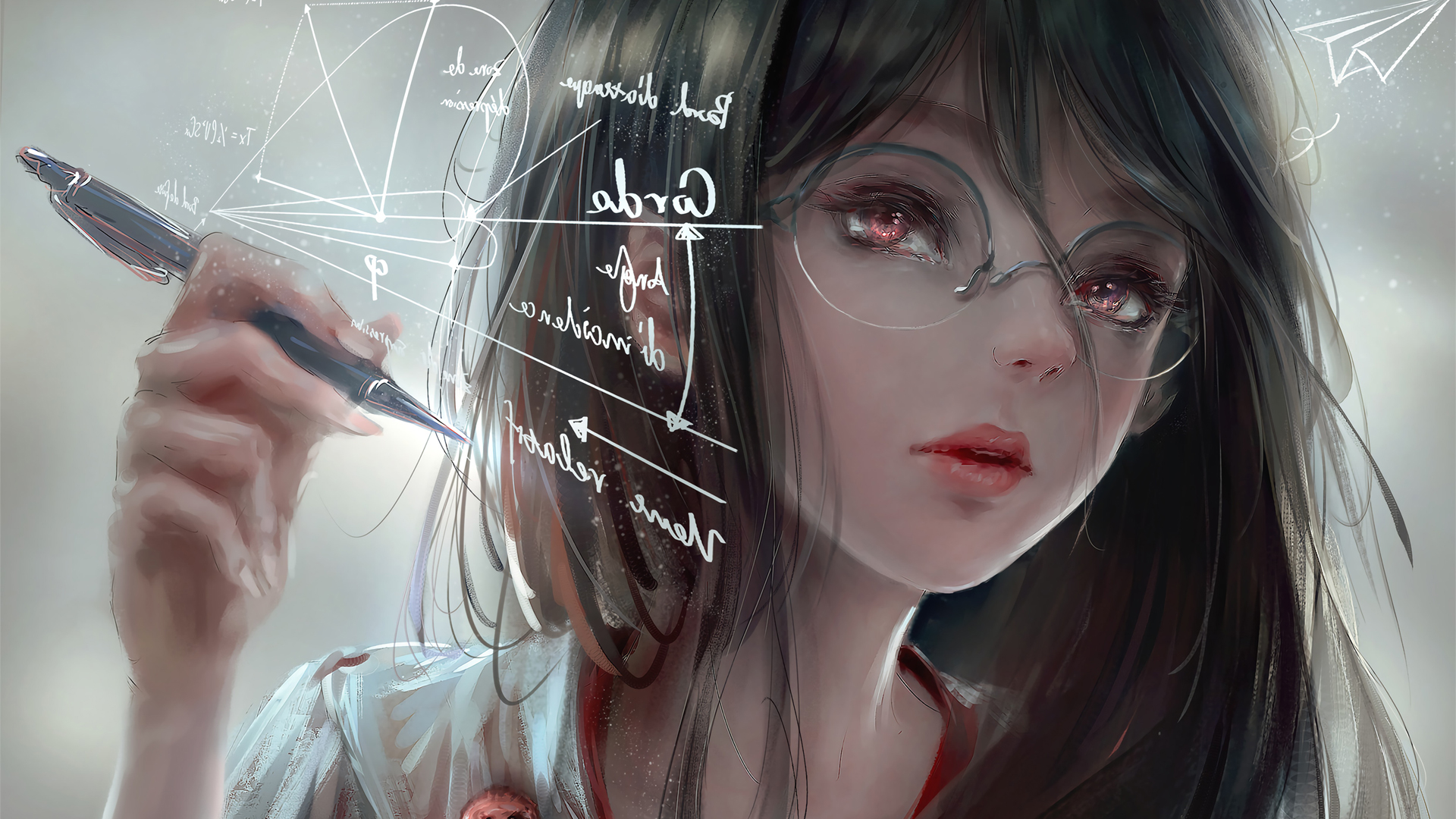 学霸，理科生 厚涂板绘桌面壁纸图片 戴眼镜的动漫女孩