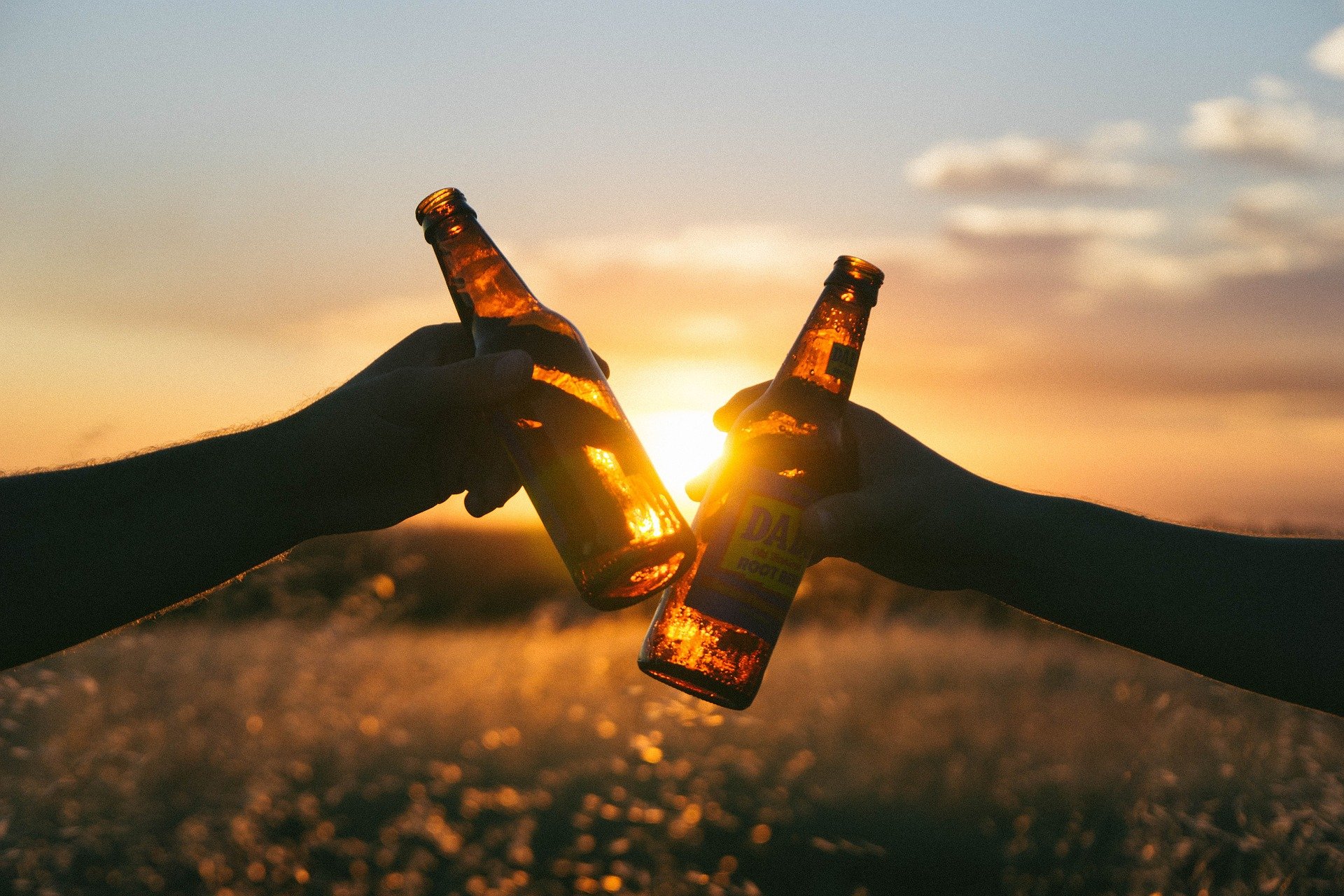 黄昏的阳光下，两只手拿啤酒瓶干杯庆祝的桌面壁纸图片