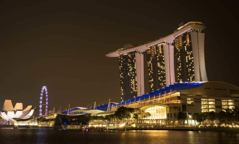 夜晚中的城市风景，新加坡滨海湾金沙酒店唯美<span style='color:red;'>夜景</span>图片