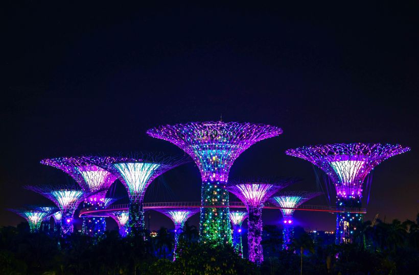 巨大的灯树，新加坡滨海湾花园唯美<span style='color:red;'>夜景</span>图片