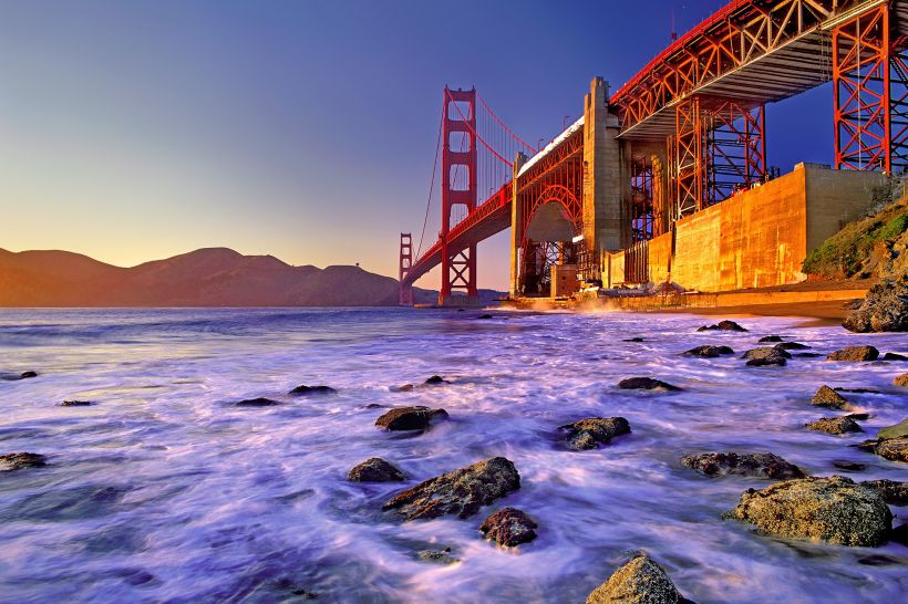美国旧金山金门大桥景色，不同角度，视觉，时间段的金门大桥风景