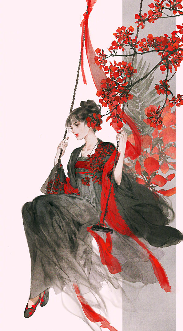 <span style='color:red;'>荡秋千</span>的古风古装女子手绘图片