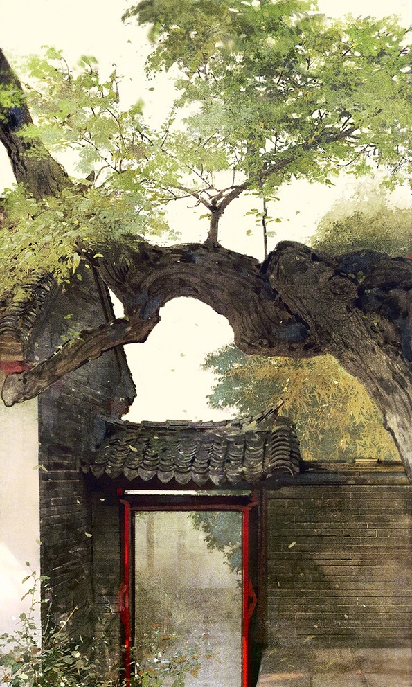 有意境的中国画风插画美图，树木，院落，雨景，美不胜收