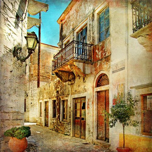 如油画般漂亮的<span style='color:red;'>景色</span>，浪漫欧美地中海街景风光插画图片