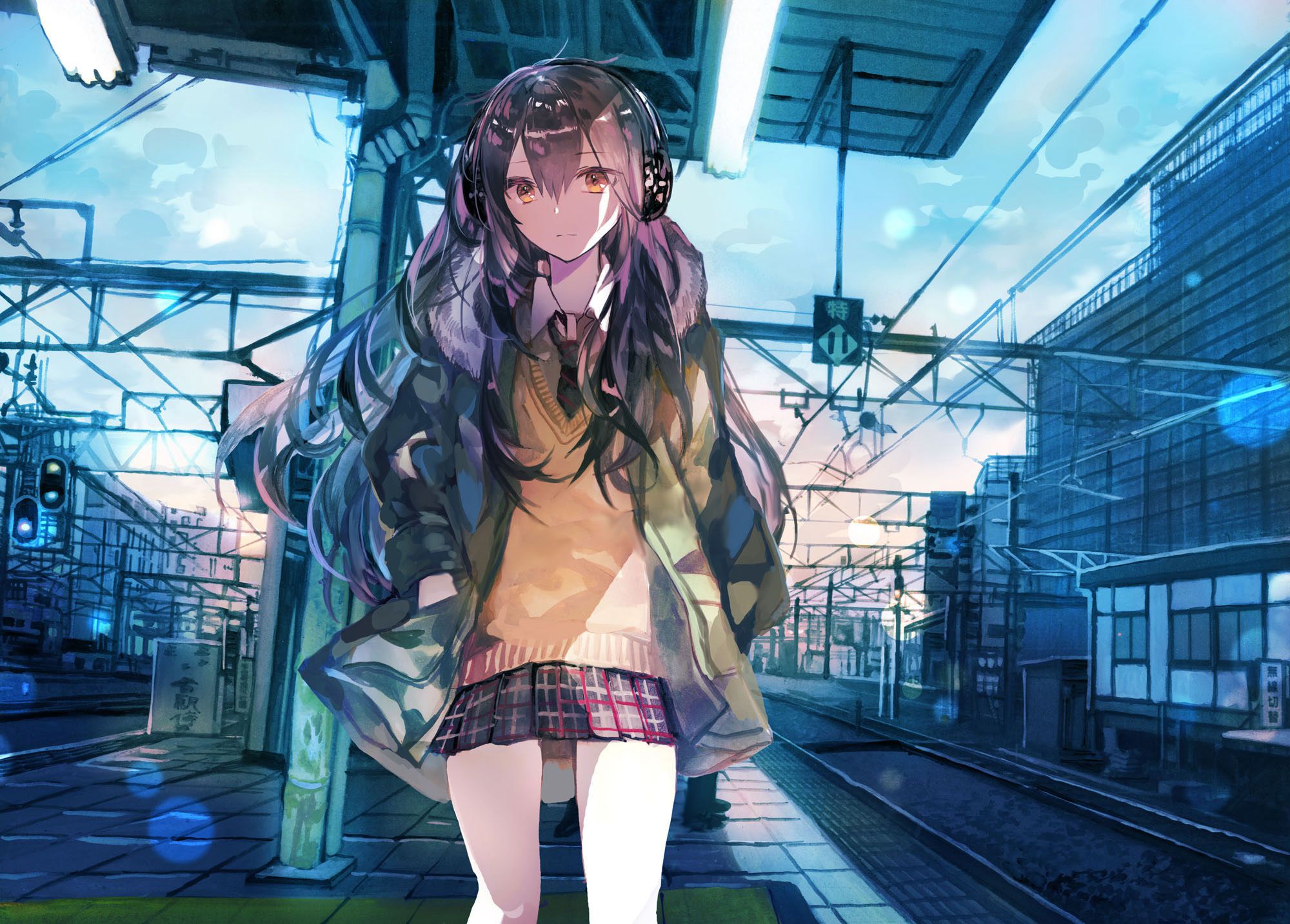 来来往往不停歇，列车抵达或出发月台上的二次元动漫学生制服少女高清图片
