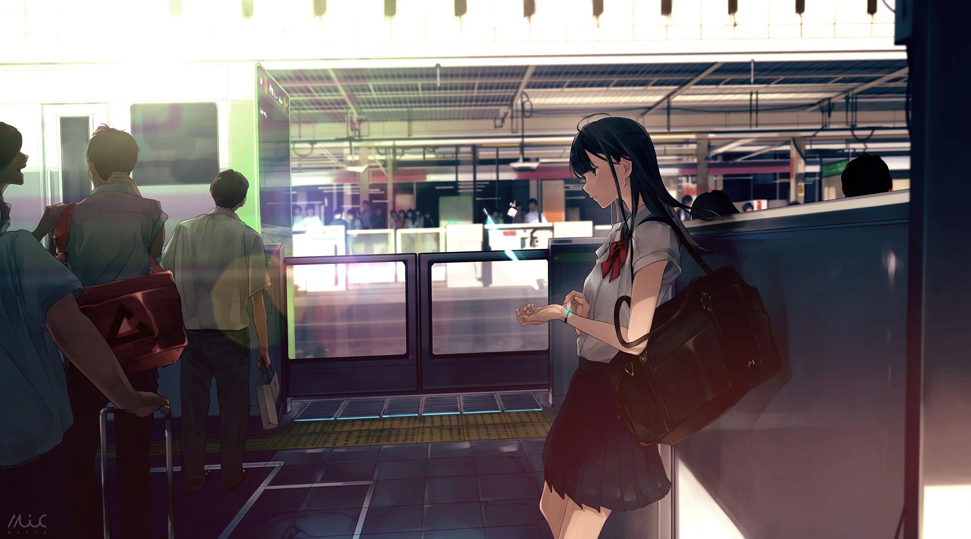 来来往往不停歇，列车抵达或出发月台上的二次元动漫学生制服少女高清图片组图2