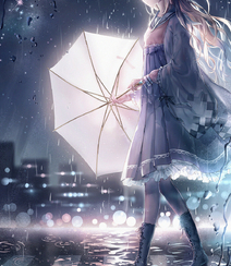 雨天行走的二次元动漫少女，女孩手拿<span style='color:red;'>雨伞</span>下雨天超美意境图片