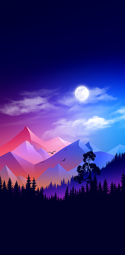 山脉 月亮 森林 风景插画手机壁纸