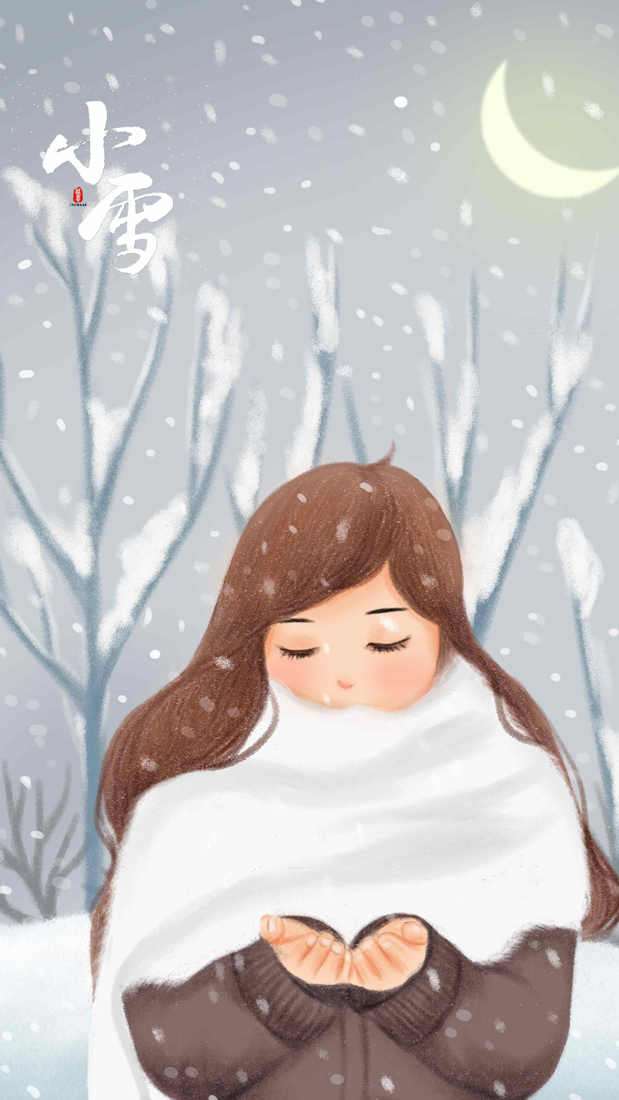 围着围巾，捧着雪花的卡通少女带小雪节气文字手机壁纸图片