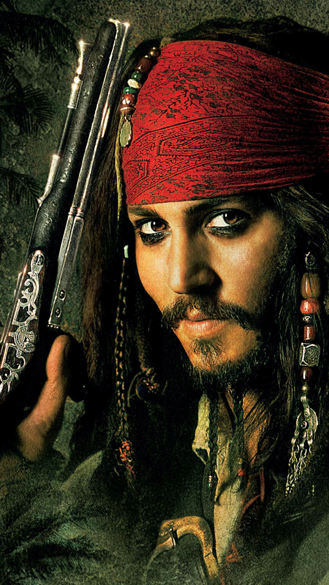 手拿手枪的加勒比海盗主角“杰克船长”人像剧照手机壁纸