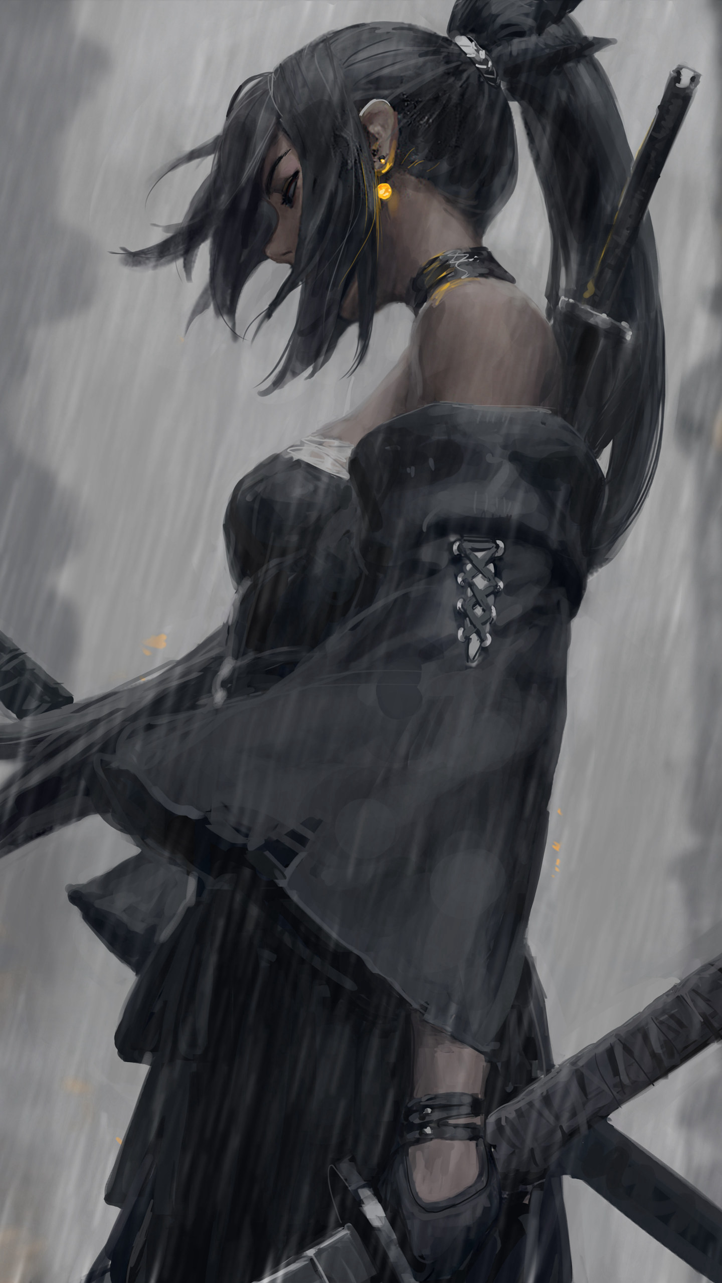 鬼刀系列插画雨中的日本女武士手机壁纸